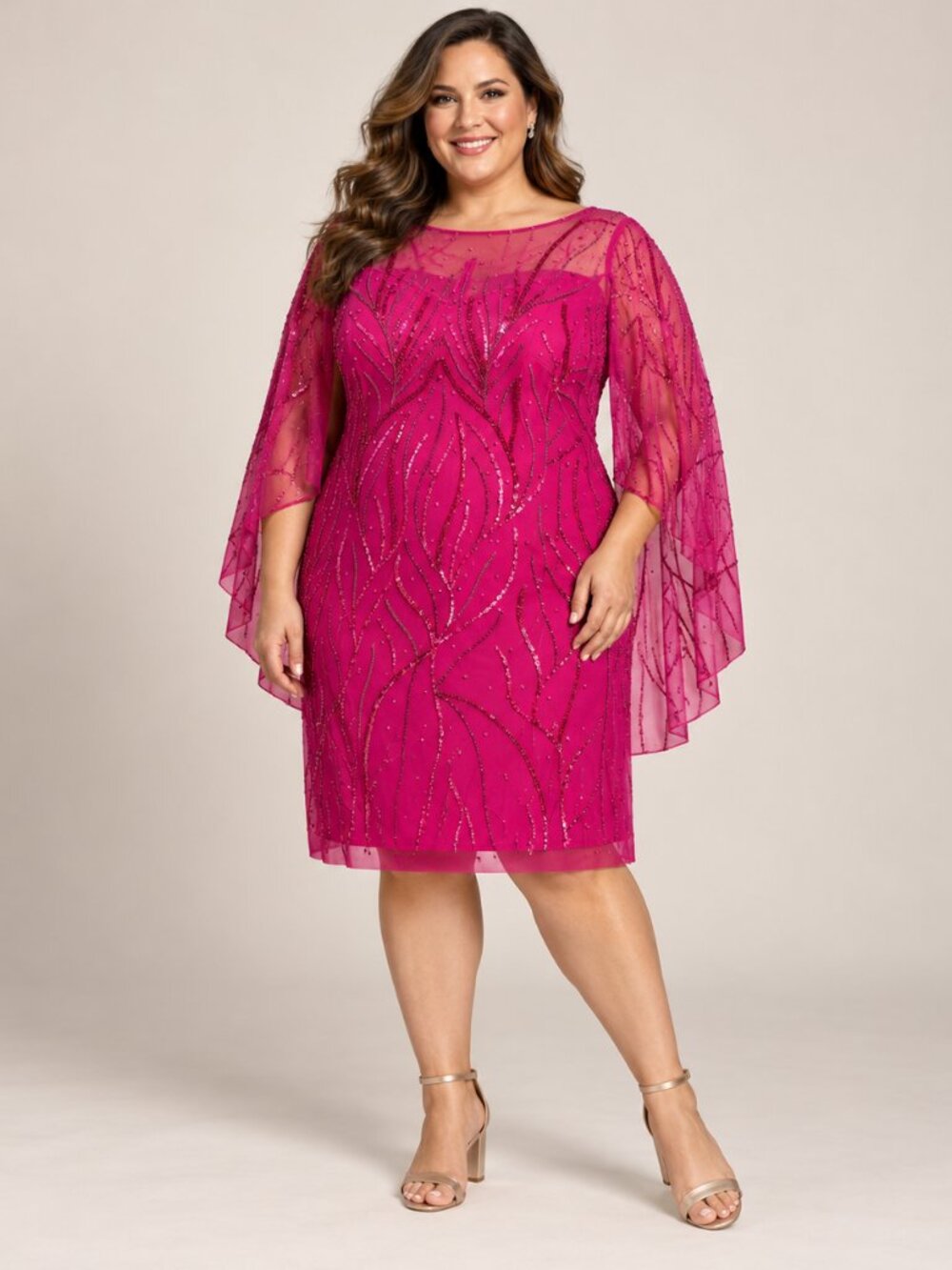 Adrianna Papell Hot Orchid Beaded Cape Sleeve Dress 22W NWT